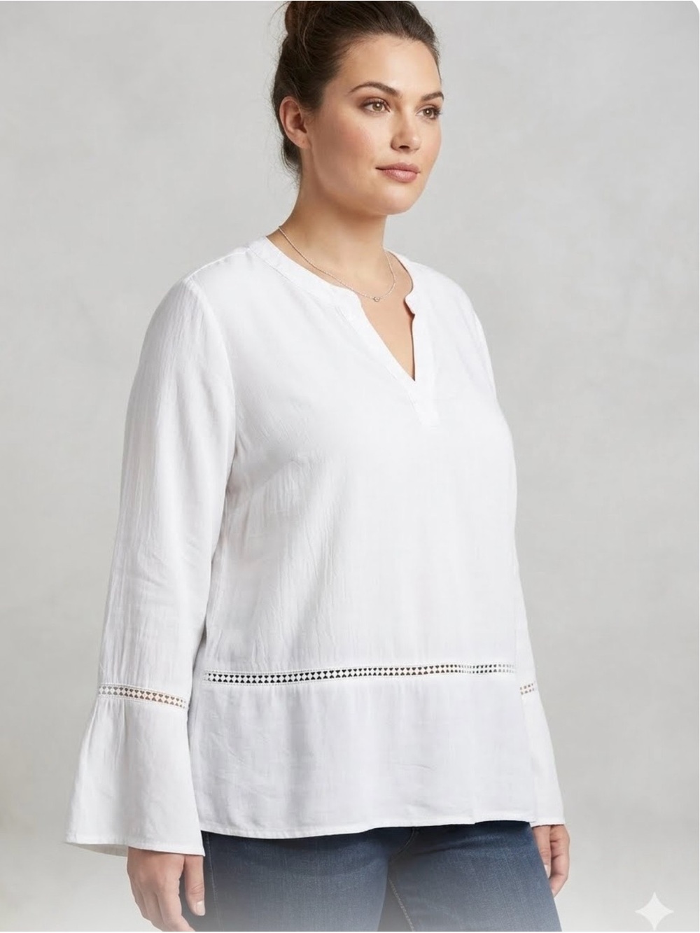 Time and Tru White Lyocell Top with Subtle Trim